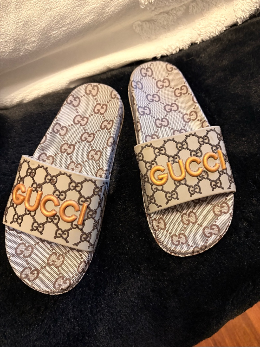 Gucci Beige & Brown GG Canvas Slide Sandals with Gold Logo